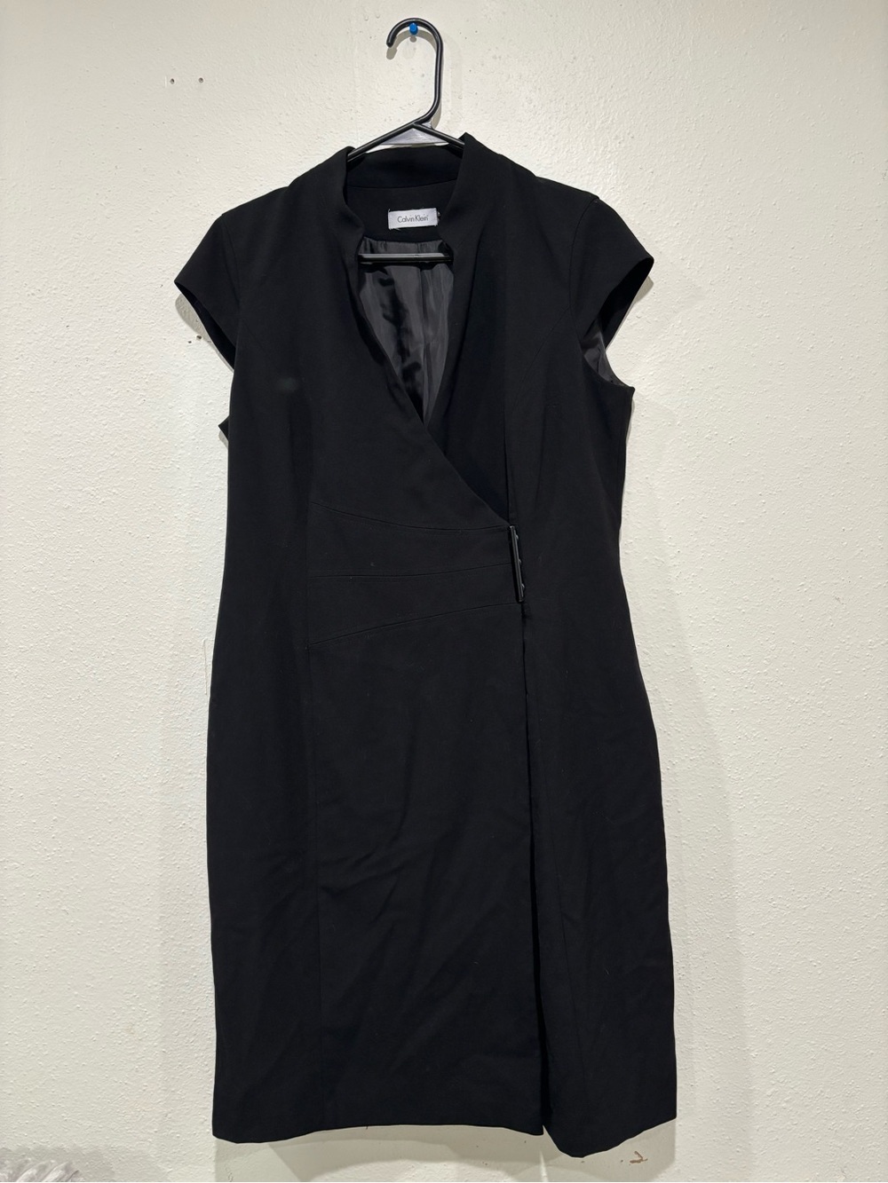 Calvin Klein Black Cap-Sleeve Wrap Sheath Dress with Hidden Zip